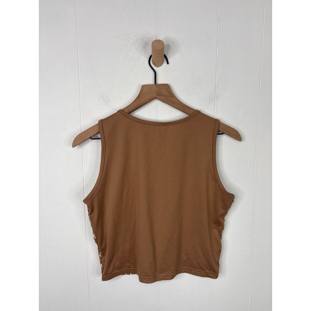 Floral Crochet Cropped Tank Top Large Tan White Wildflower Boho Beach Cottage - Picture 5 of 7